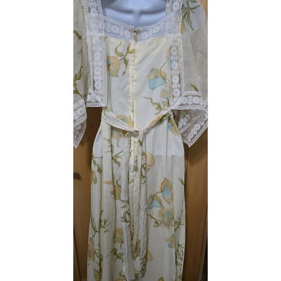 Vintage Floral Maxi Dress With Lace Flutter Sleeves & Belt boho hippie fairycore - Picture 5 of 8